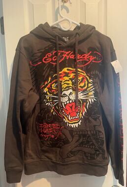Ed Hardy Mens Retro Tiger Fleece Hoodie Dark Gray/Black, A47
